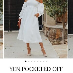 Vici Yen Off-Shoulder Pocketed Midi Dress in White